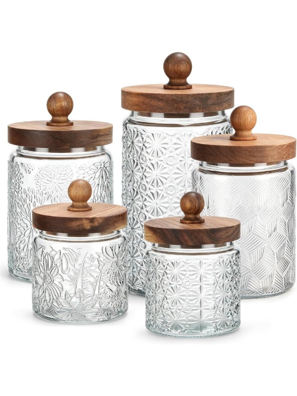 Vintage Glass Canister Set - 5 Pcs Kitchen Storage Jars with Lids, Clear Decor